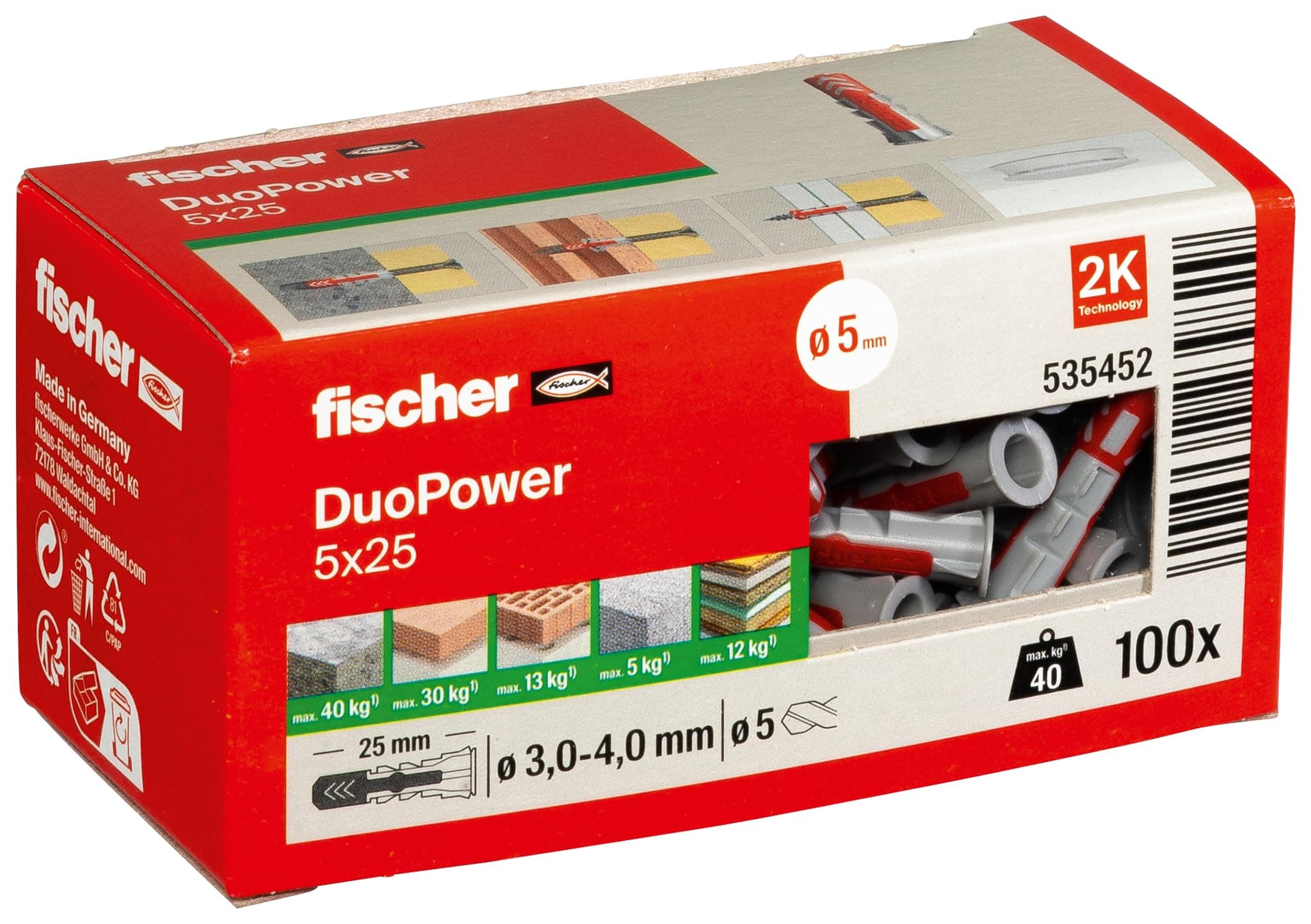 Cheville bi-matière et multi-matériaux DUOPOWER 5x25 - 100 Pièces - Ancrage Résistant pour Béton, Bois et Métal | Fische