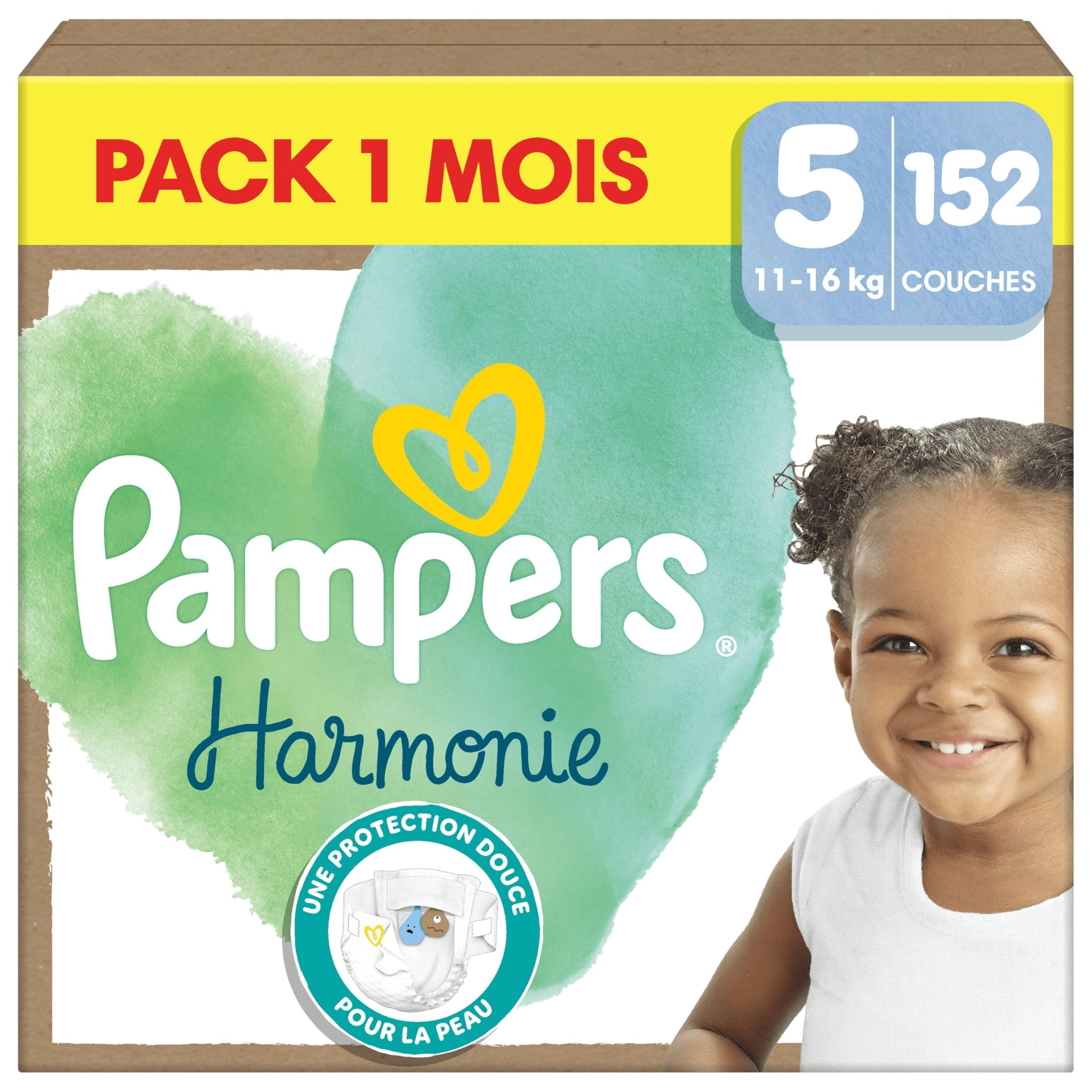 Pampers Harmonie Taille 5, Protection Douce Pour La Peau, 11-16kg, Absorption Pampers 152 Couches, Pack 1 Mois The Fores